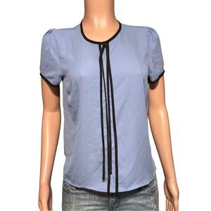 Timing Women's crew neck short sleeve blue chiffon detail front blouse S